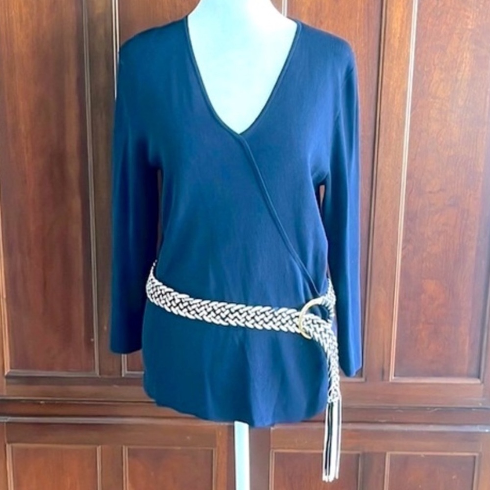 NWOT Cable & Gauge Vintage Top Navy Knit w/White/Navy Braided Belt & Gold Clasp